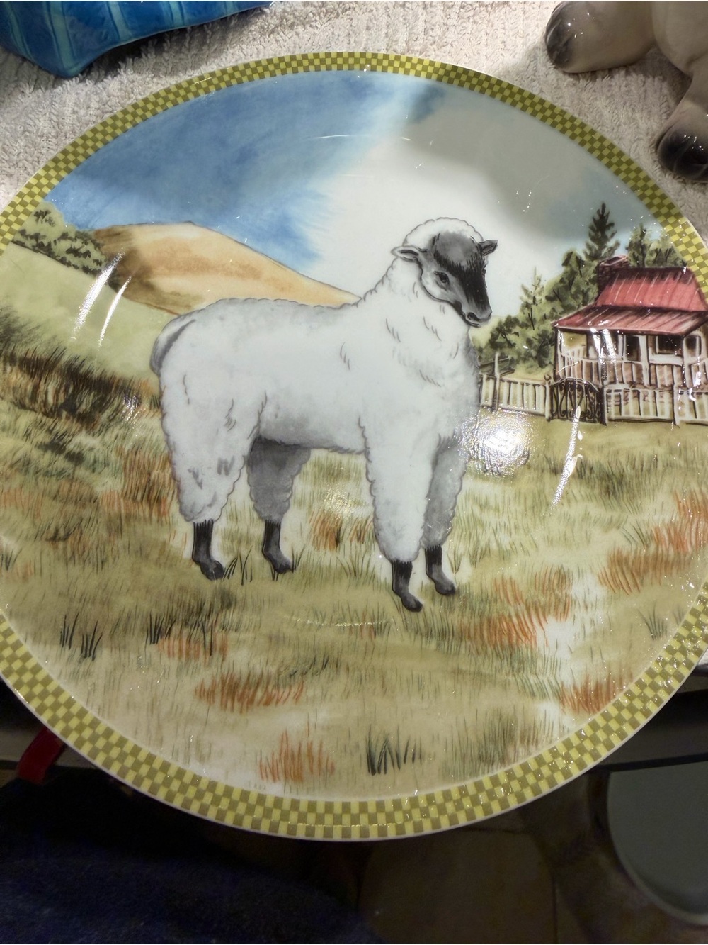 American Atelier Ceramic Sheep Dinner Plate in Blue, Green, White and Tan